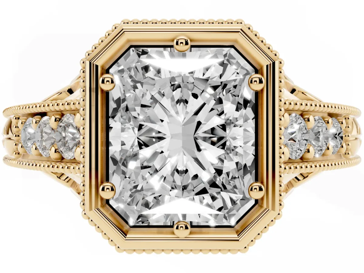 Bezel Set Radiant Cut Diamond Milgrain Pave Engagement Ring Yellow gold