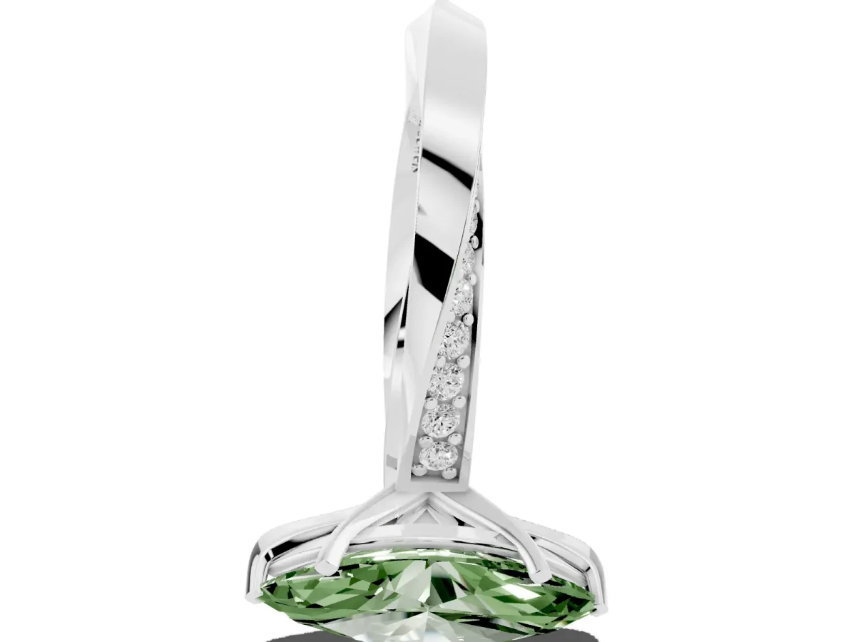 Fancy Green Marquise Cut Diamond Engagement Ring with Side Stone Accents and Four-Prong Setting Silver