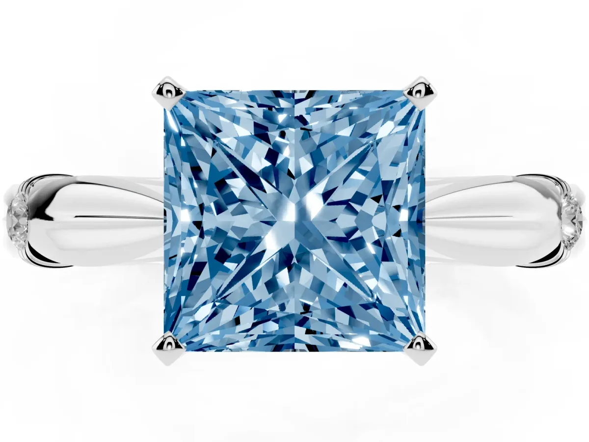 Fancy Blue Princess Cut Solitaire Diamond Twisted Band with Four-Prong Setting Platinum