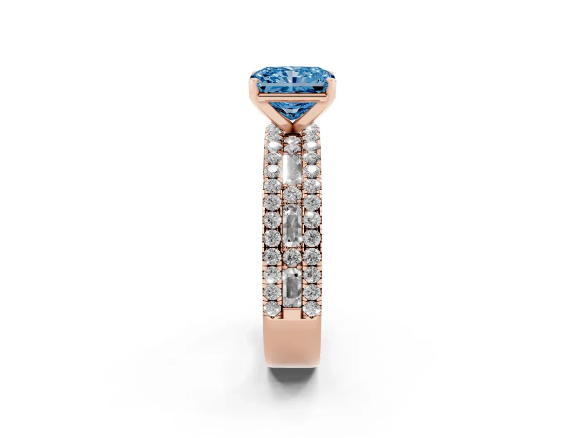 Fancy Blue Radiant Cut Diamond Solitaire Ring with Pavé and Channel Set Band Rose gold
