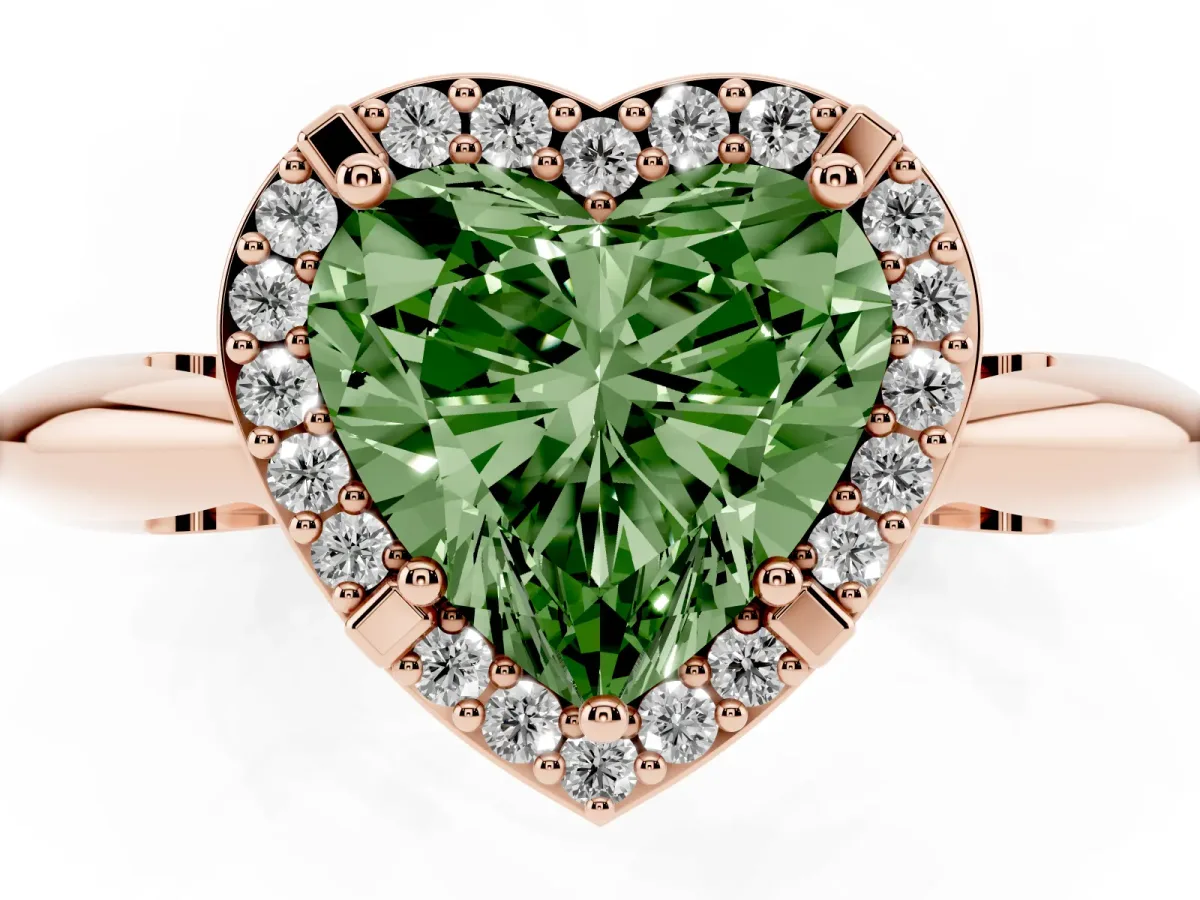 Fancy Green Heart Cut Cut Diamond Halo Engagement Ring with Split Shank and Four-Prong Setting Rose gold