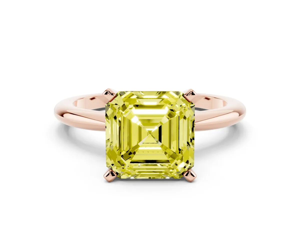 Fancy Yellow Asscher Cut Diamond Solitaire Ring with Prong Setting and Classic Band Rose gold