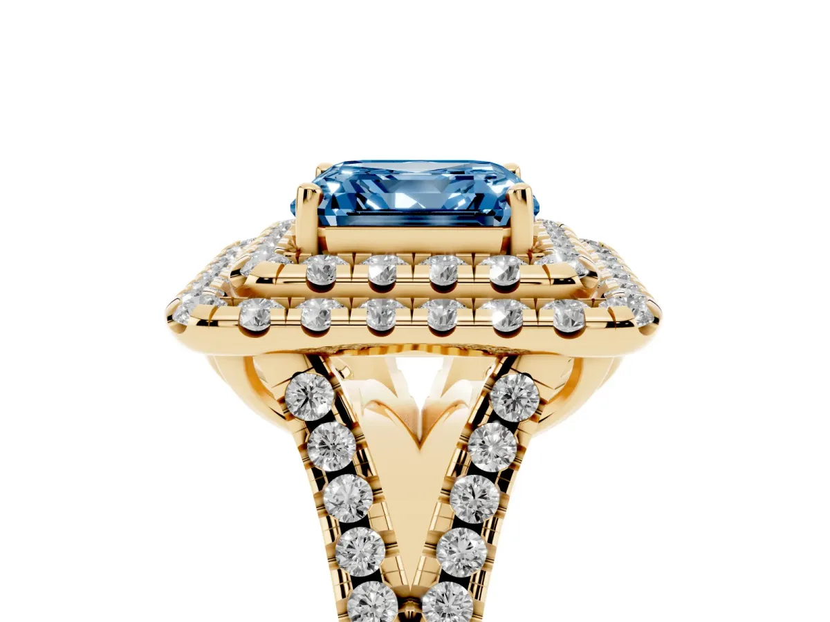 Fancy Blue Double Halo Asscher Cut Diamond Pavé Split Shank Ring with Prong Setting Yellow gold