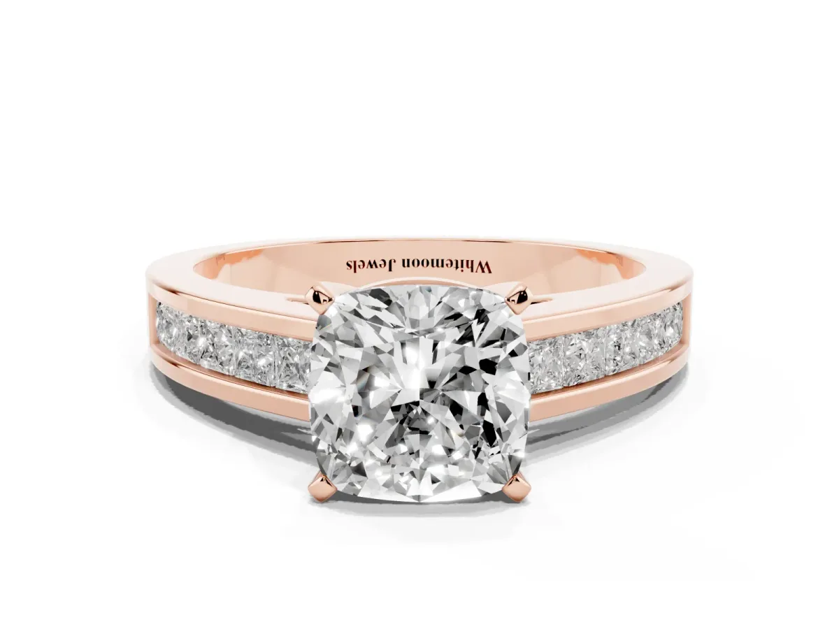 Cushion Cut Solitaire Diamond Ring with Channel-Set Band and Four-Prong Setting Rose gold