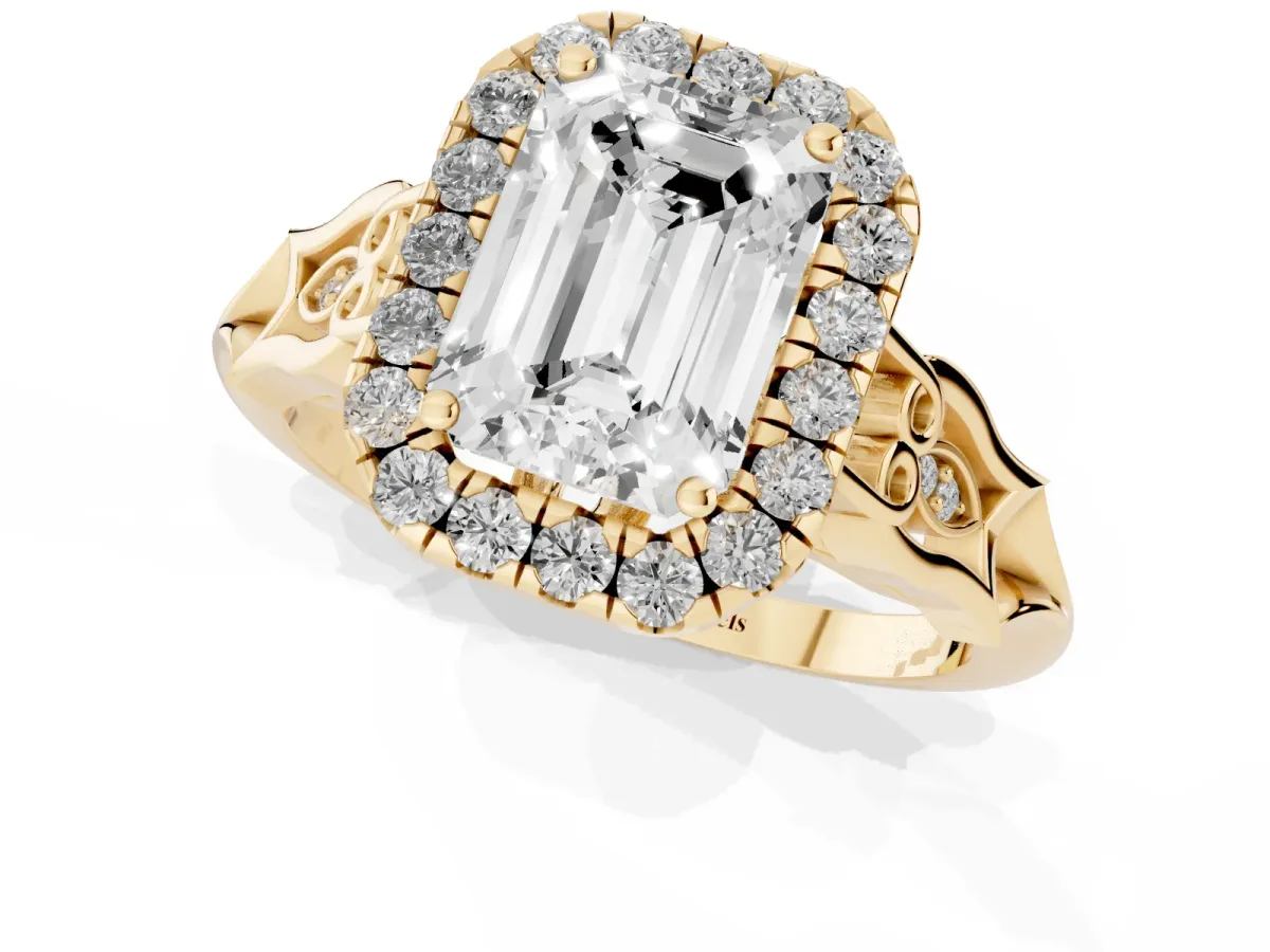 Emerald Cut Halo Diamond Engagement Ring with Filigree Band and Four-Prong Setting Yellow gold