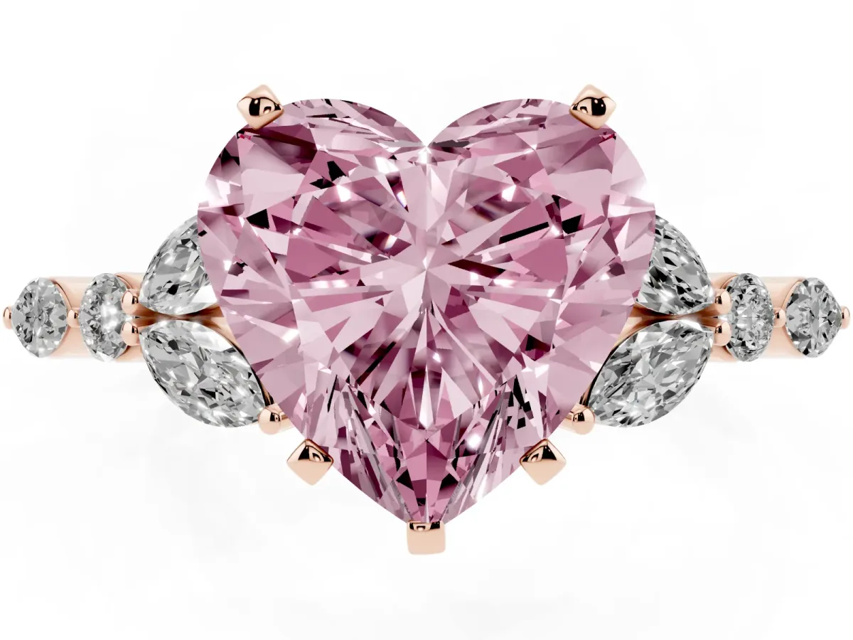 Fancy Pink Heart Cut Diamond Solitaire Ring with Side Stones and Four-Prong Setting Rose gold