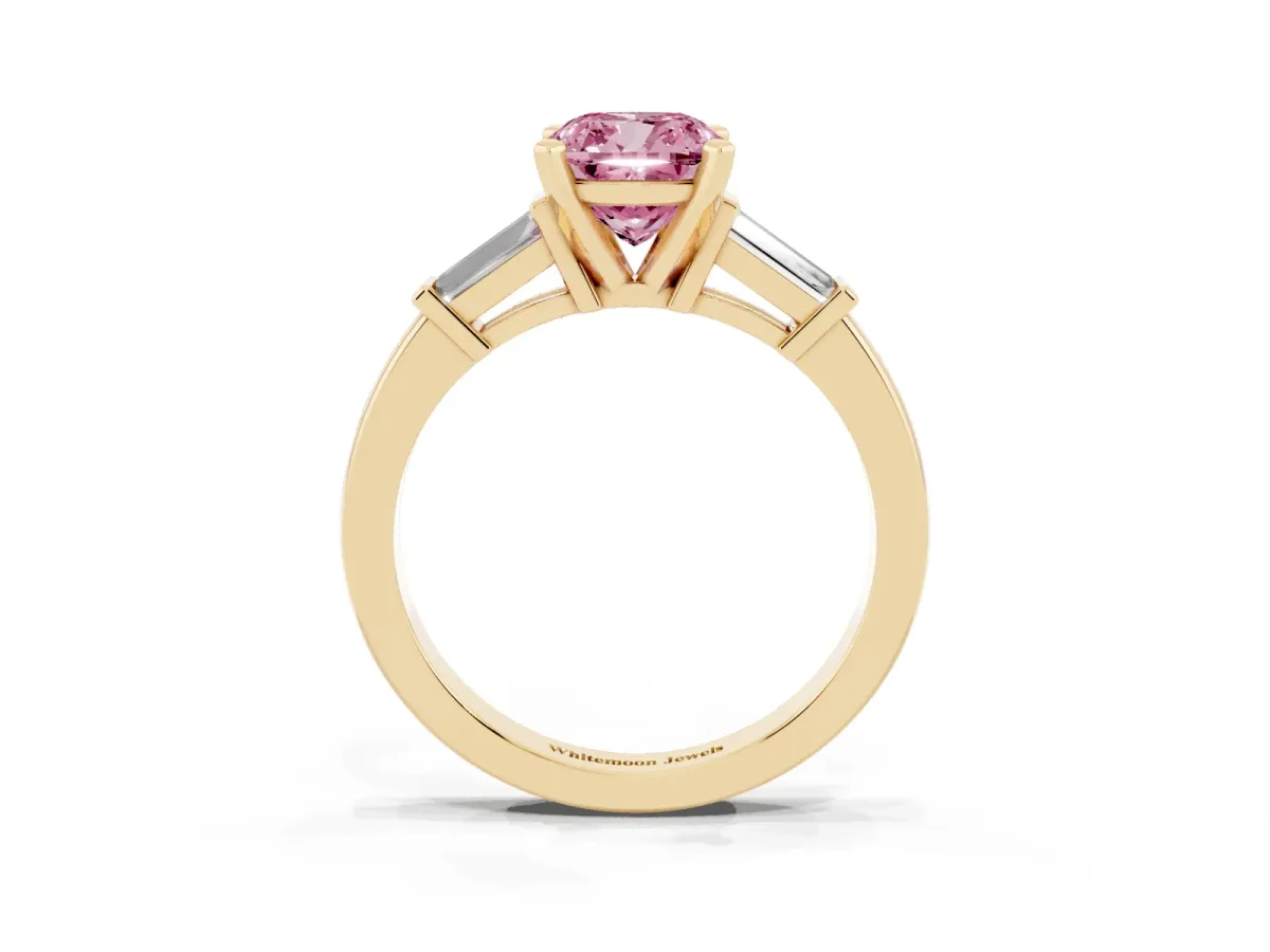 Fancy Pink Cushion Cut Cut Diamond Solitaire Ring with Tapered Baguette Accents and Four-Prong Setting Yellow gold