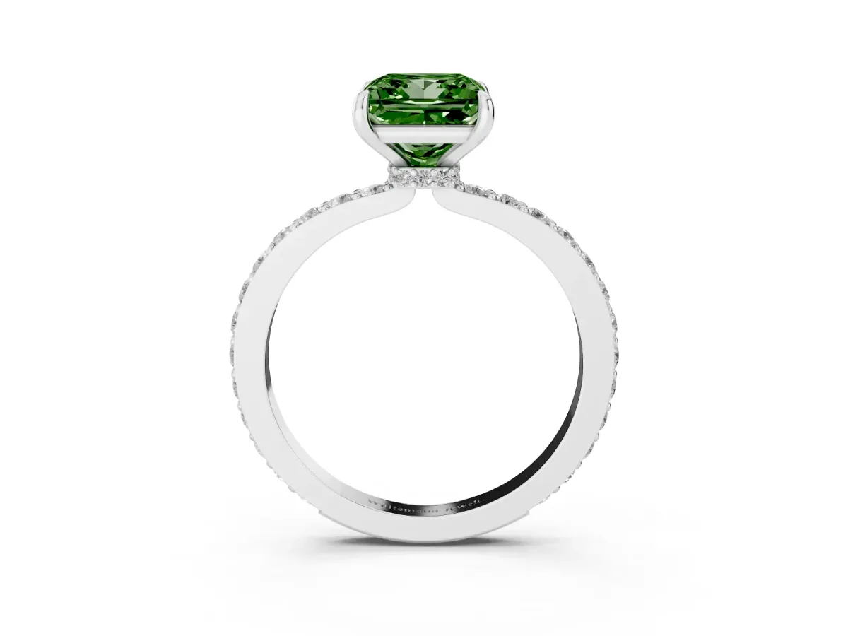Fancy Green Princess Cut Diamond Pavé Engagement Ring with Round Accents and Prong Setting Platinum