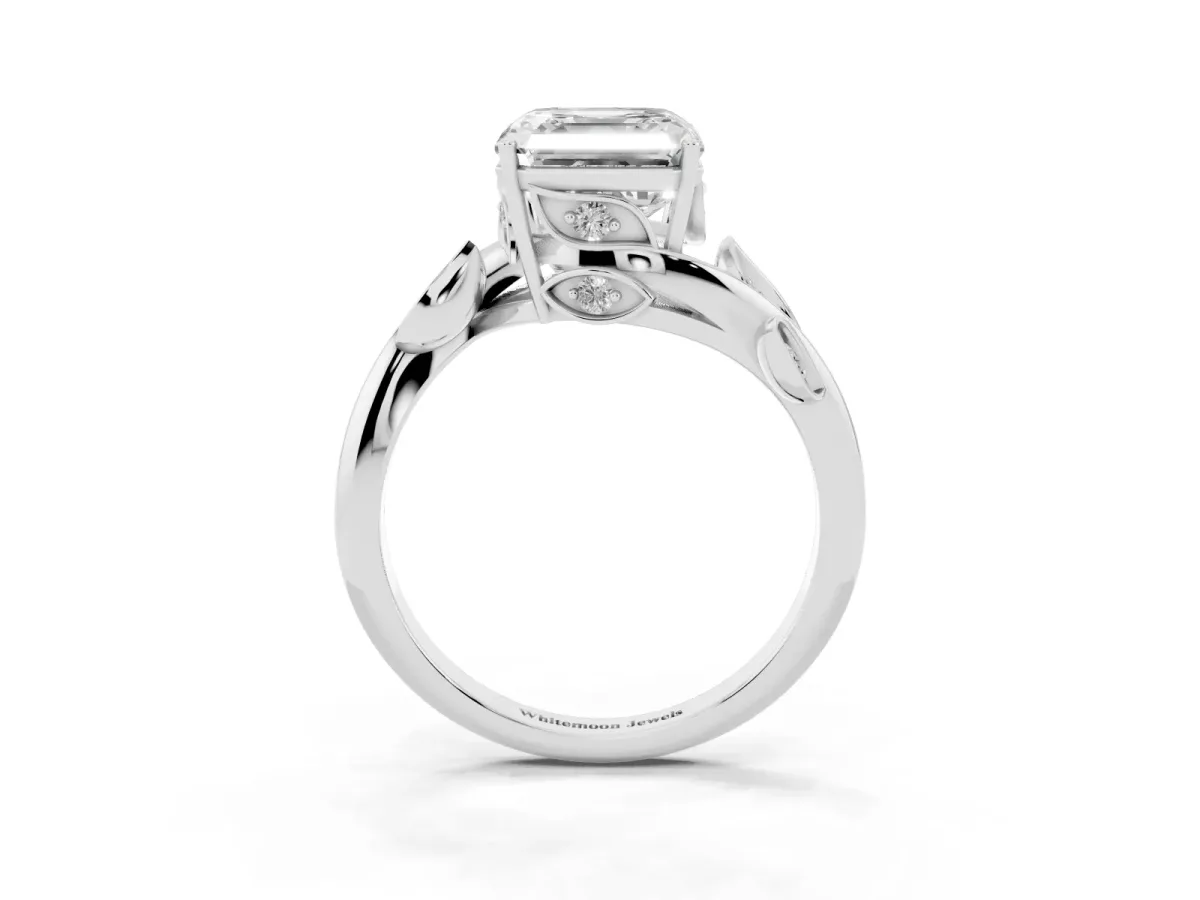 Asscher Cut Solitaire Twist Engagement Ring with Leaf Accents and Prong Setting Silver