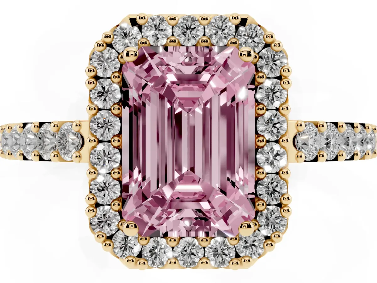 Fancy Pink Emerald Cut Halo Diamond Pavé Solitaire Ring Yellow gold