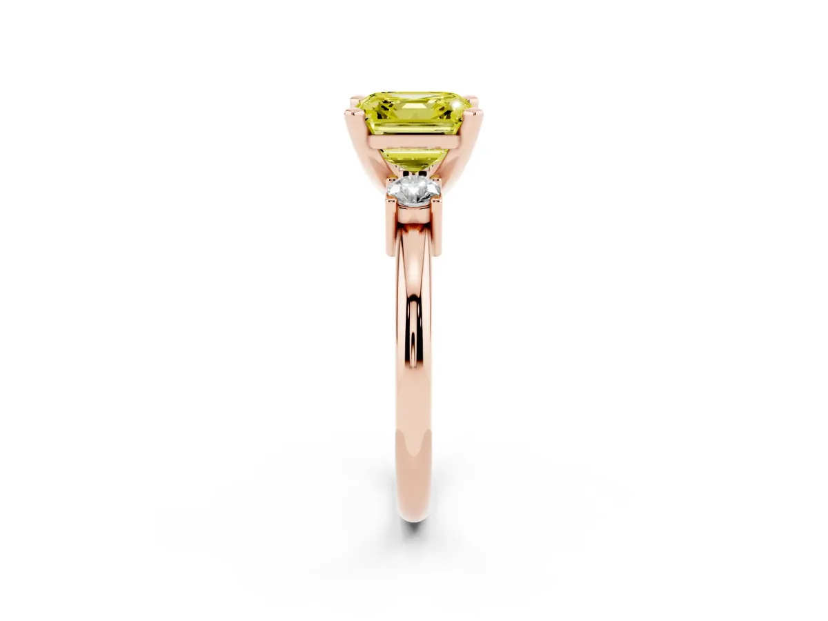 Fancy Yellow Three-Stone Asscher Cut Cut Diamond Solitaire with Prong Setting and Classic Band Rose gold