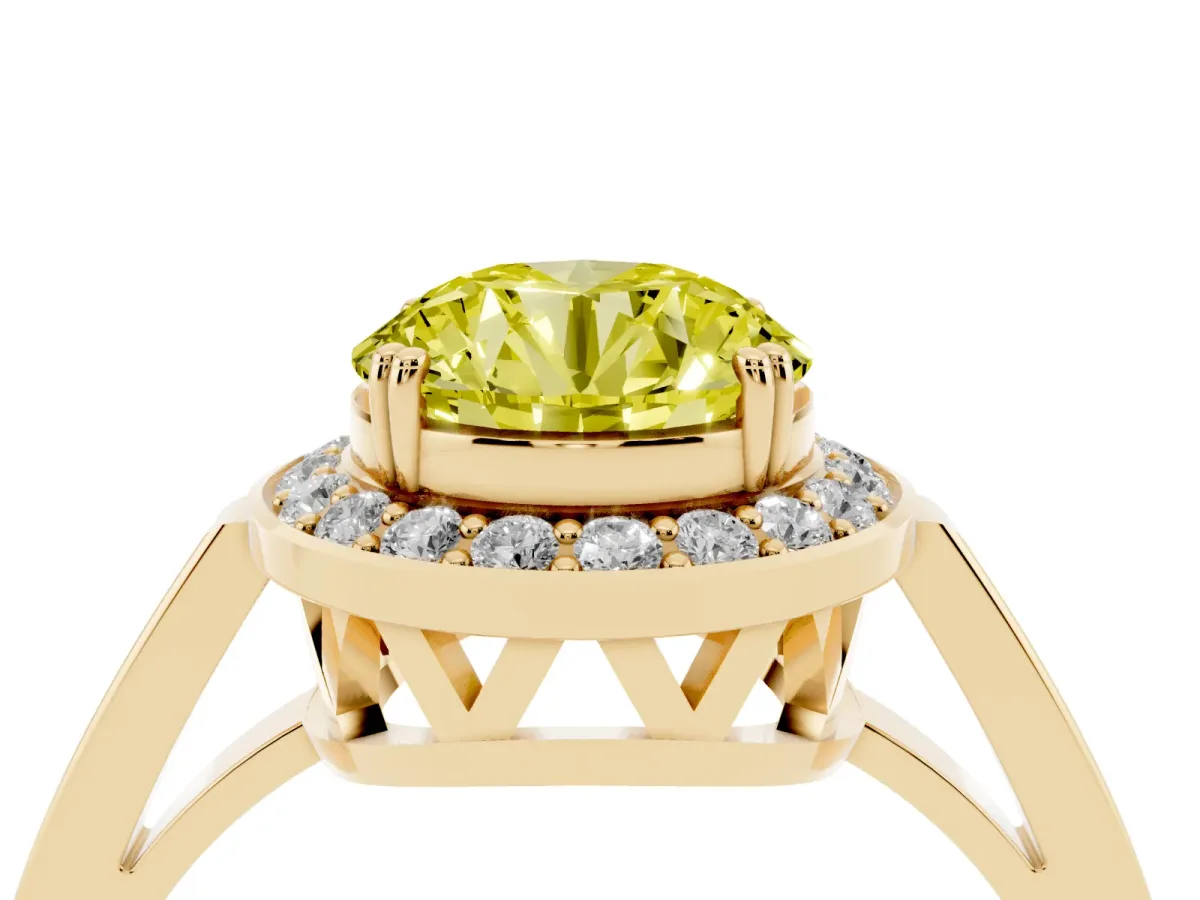 Fancy Yellow Round Cut Diamond Halo Ring with Split Shank and Four-Prong Setting Yellow gold