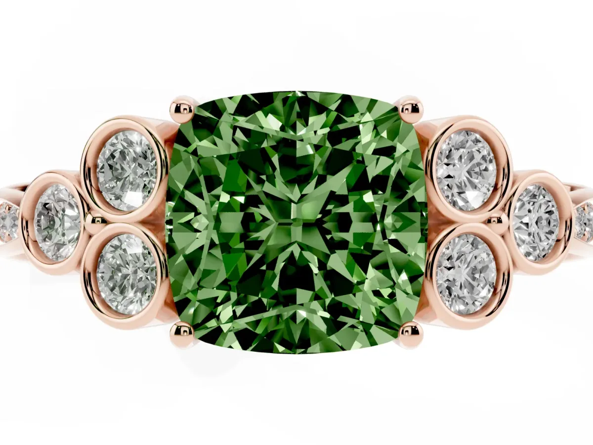 Fancy Green Cushion Cut Cut Diamond Engagement Ring with Bezel Set Round Side Stones and Prong Setting Rose gold