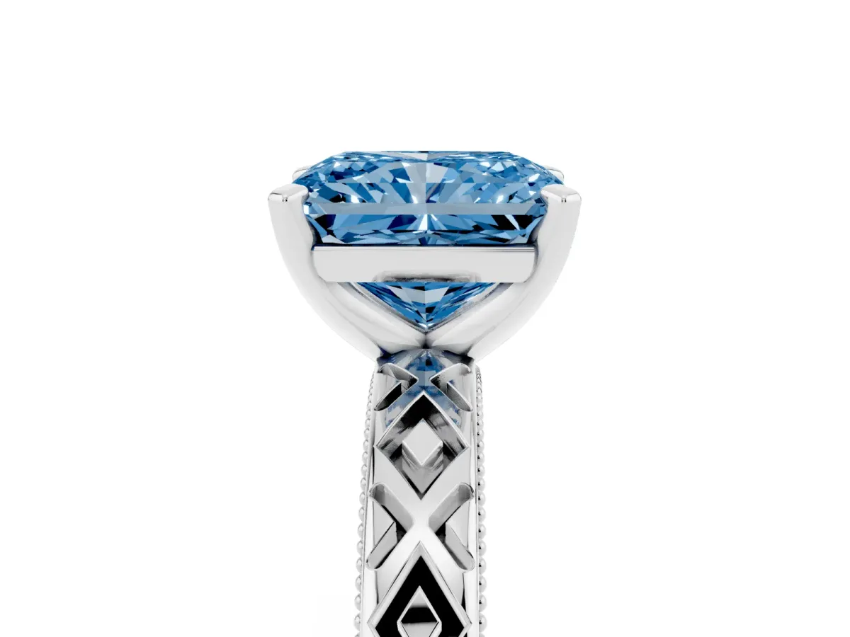 Fancy Blue Radiant Cut Solitaire Diamond Ring with Milgrain and Black Enamel X Pattern Band Silver