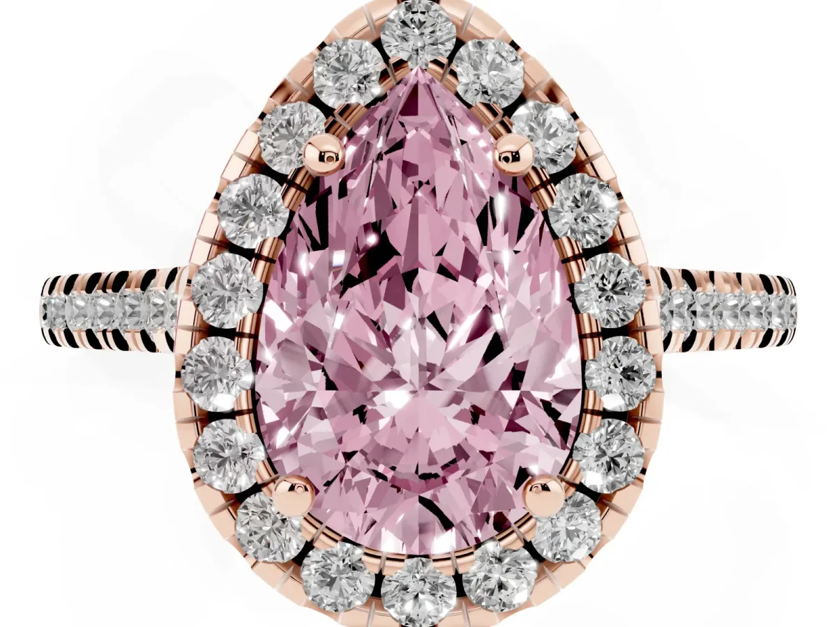 Fancy Pink Pear Cut Diamond Cushion Halo Ring with Pavé Band Rose gold