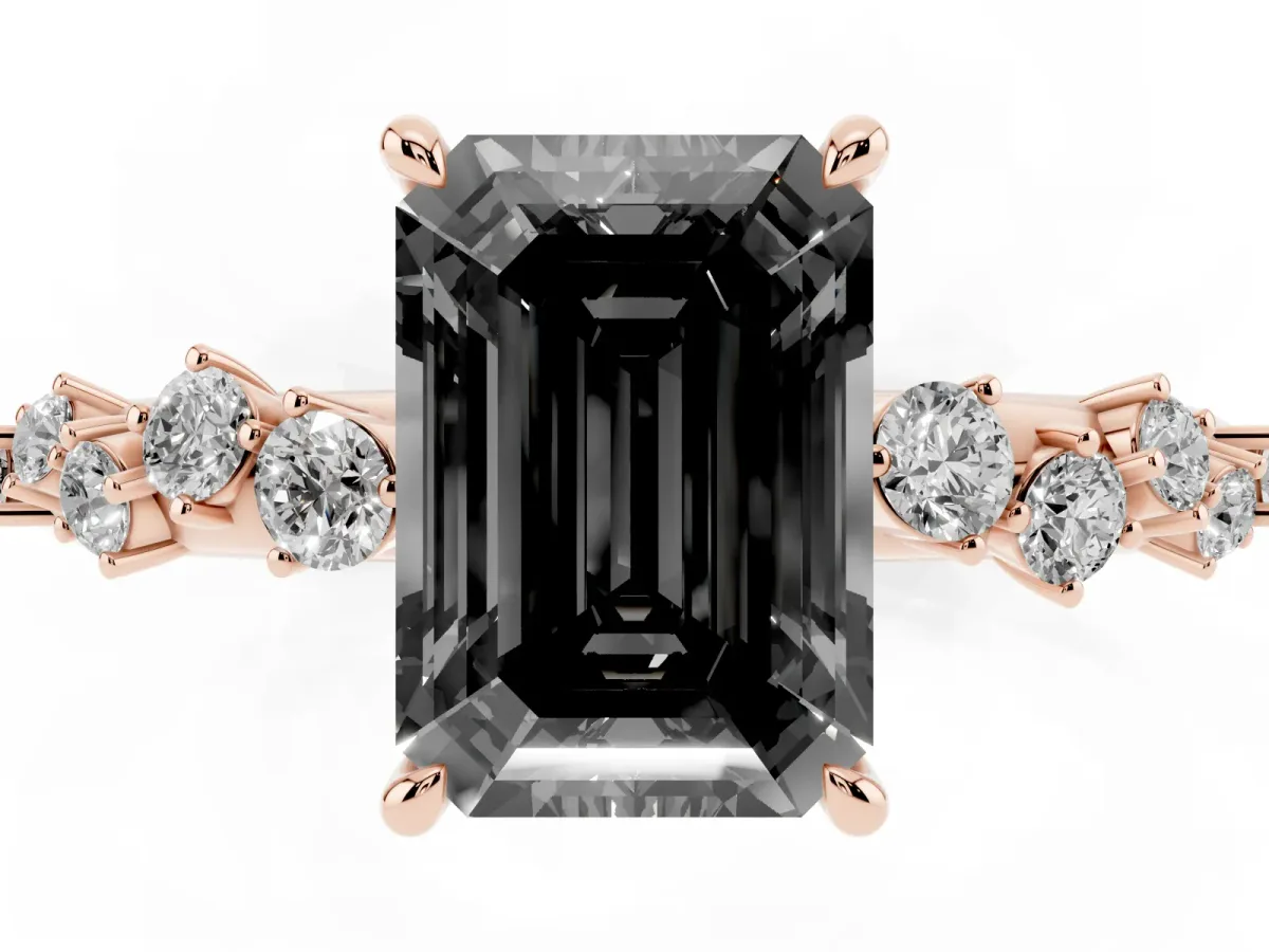 Fancy Black Emerald Cut Diamond Cluster Side Stone Solitaire Ring with Prong Setting Rose gold