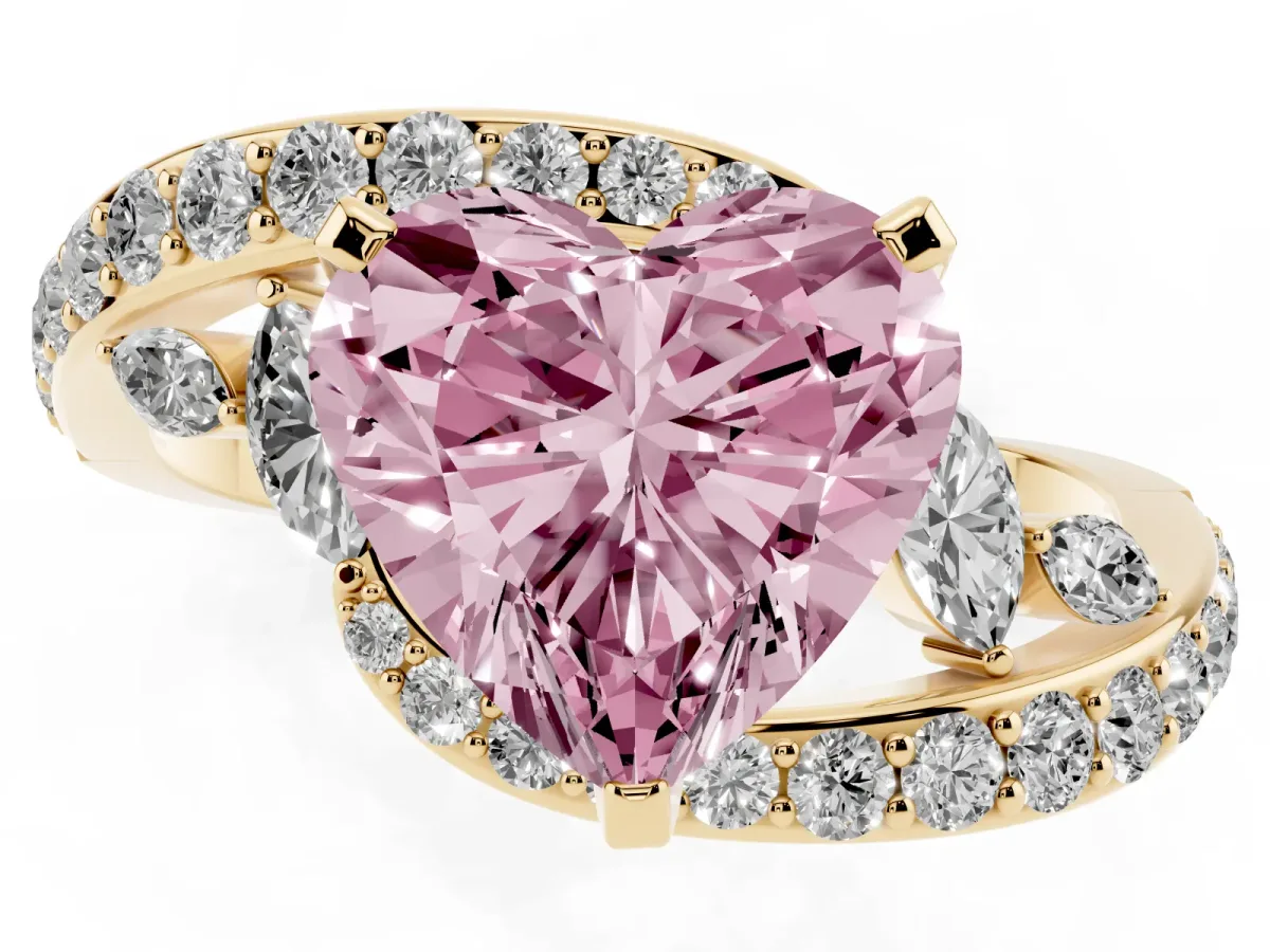 Fancy Pink Heart Cut Solitaire with Pavé Twist Band and Four-Prong Setting Yellow gold