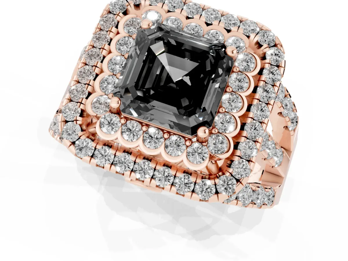 Fancy Black Asscher Cut Diamond Double Halo Ring with Round Pavé Split Shank and Prong Setting Rose gold