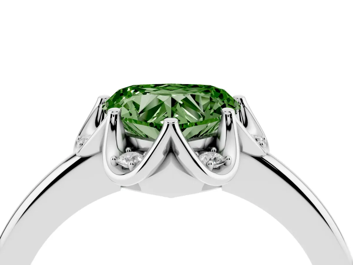 Fancy Green Heart Cut Halo Diamond Ring with Round Cluster Setting, Solitaire Band, and Four-Prong Setting Silver