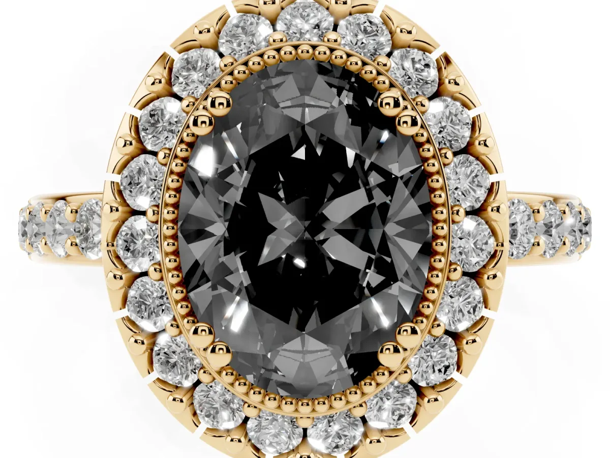 Fancy Black Oval Cut Diamond Halo Ring with Pavé Band and Prong Setting Yellow gold