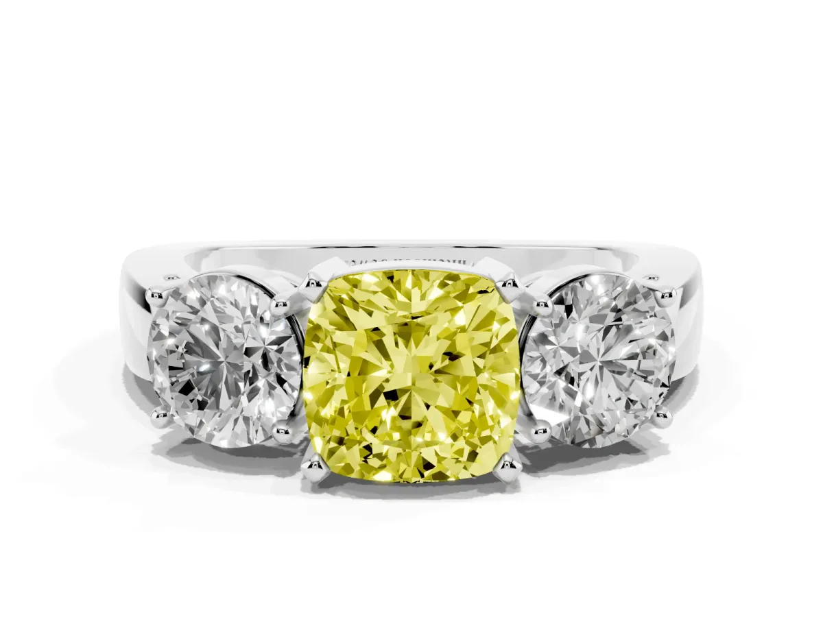 Fancy Yellow Three-Stone Cushion Cut Diamond Ring with Round Side Stones, Classic Band, and Four-Prong Setting Silver
