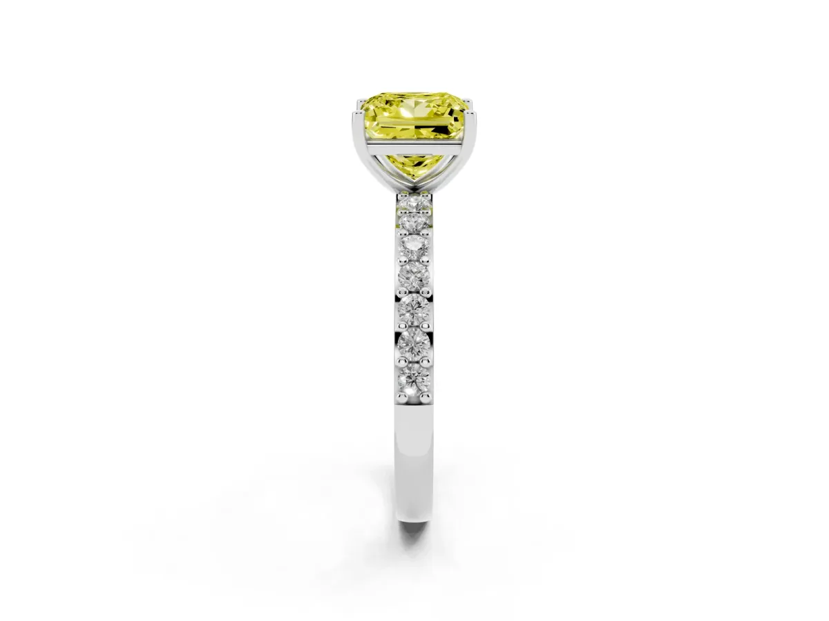 Fancy Yellow Princess Cut Cut Diamond Solitaire with Pave Band and Four-Prong Setting Silver
