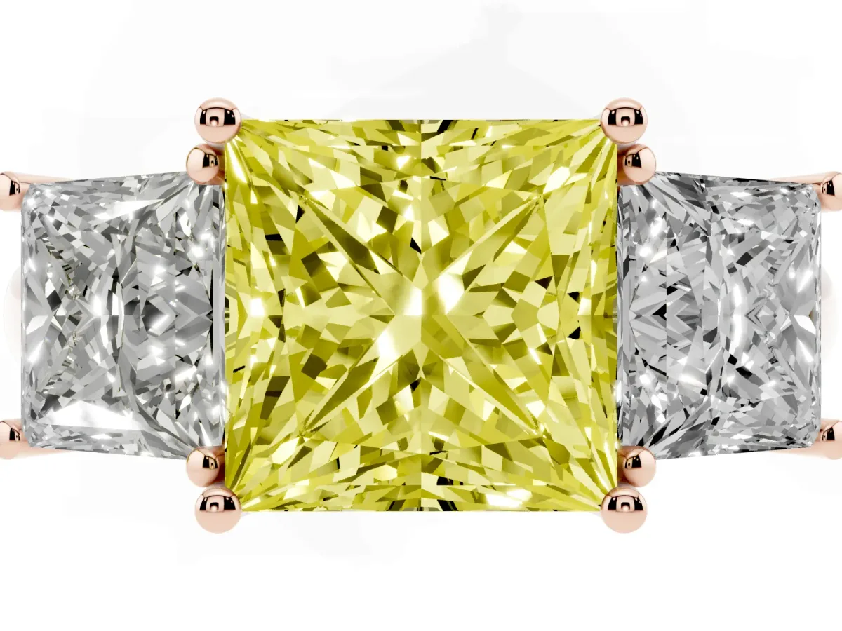 Fancy Yellow Three-Stone Princess Cut Diamond Engagement Ring with Prong Setting Rose gold