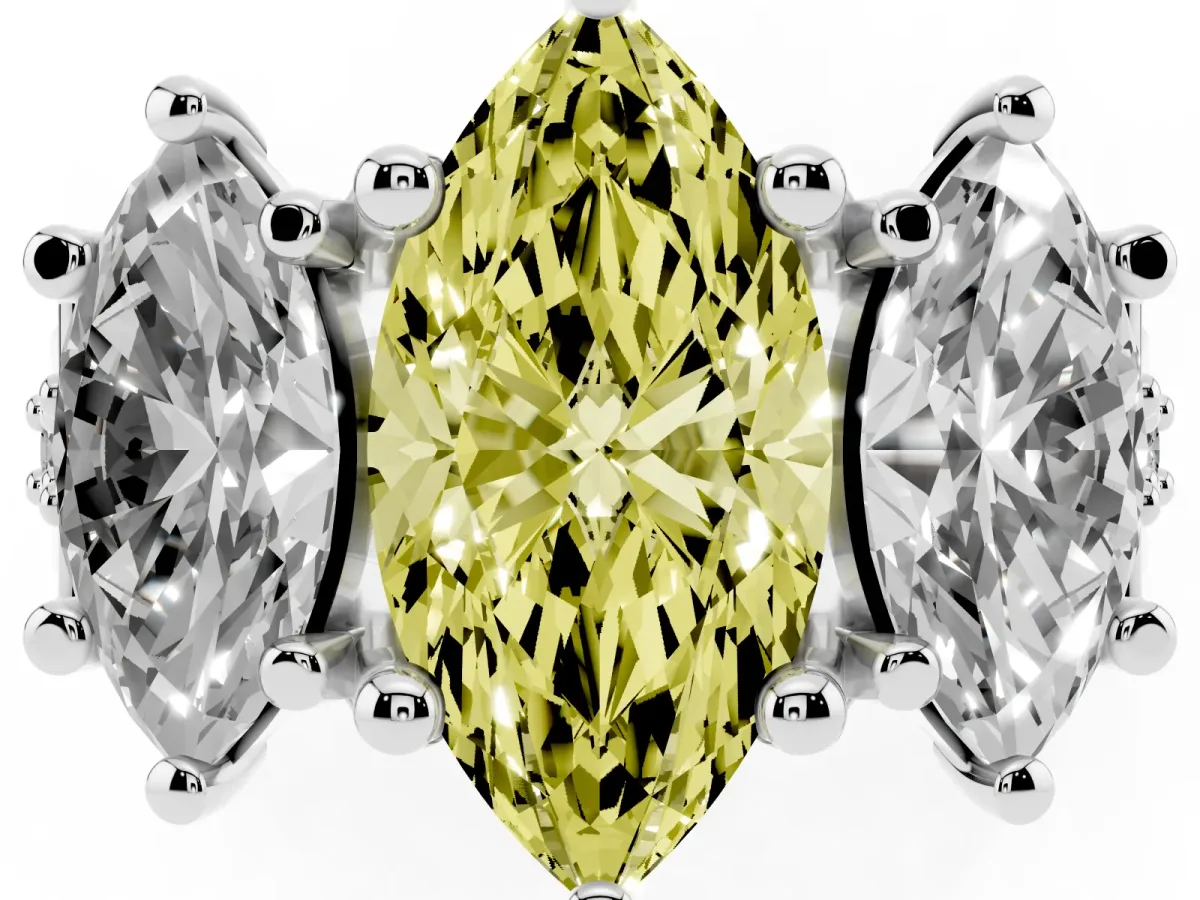 Fancy Yellow Marquise Cut Diamond Three-Stone Ring with Channel Set Band and Four-Prong Setting Silver