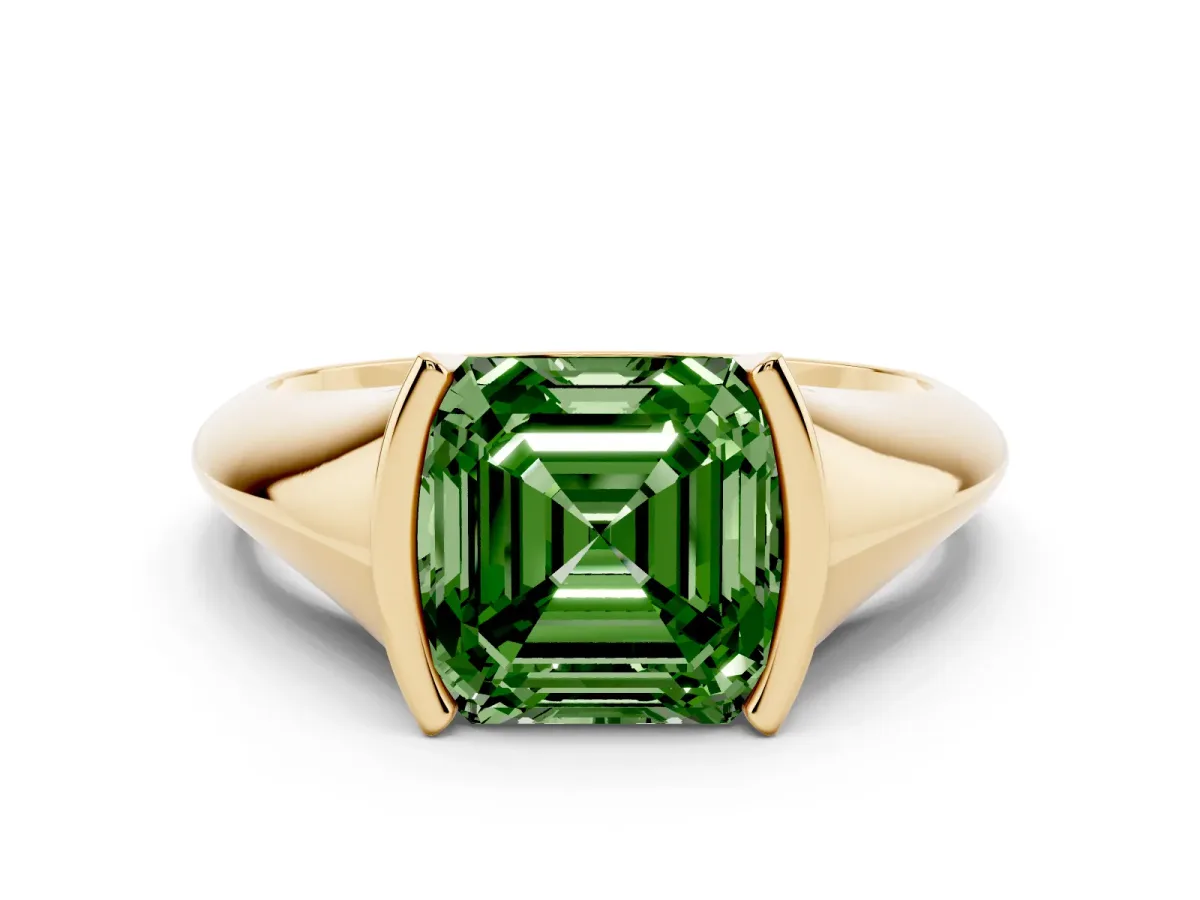 Fancy Green Asscher Cut Solitaire Tension Set Diamond Ring Yellow gold