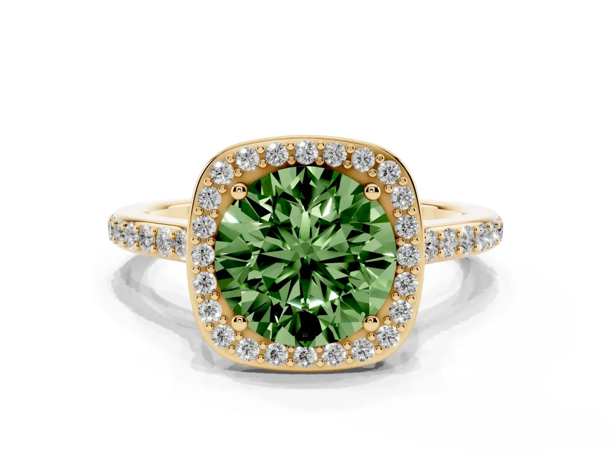 Fancy Green Round Cut Diamond Halo Engagement Ring with Round Pavé Shoulders and Prong Setting Yellow gold