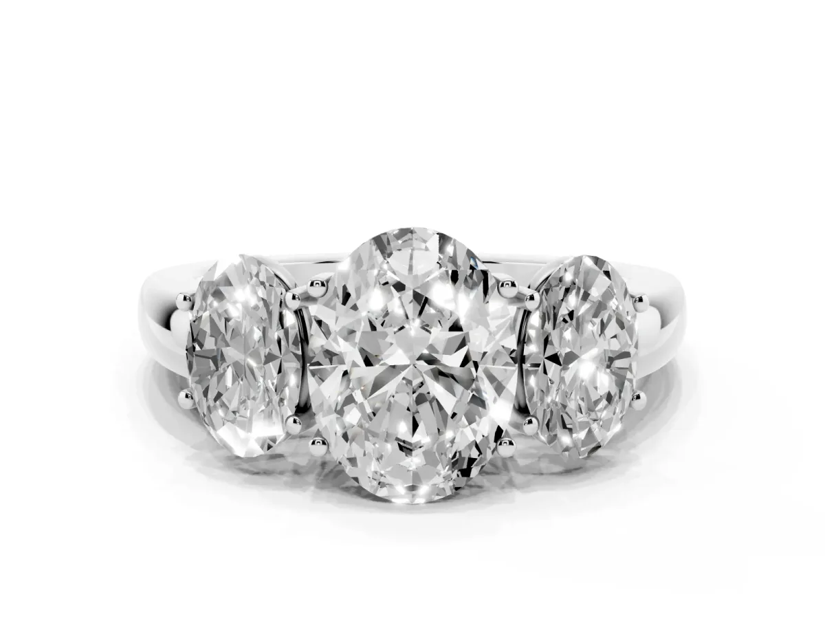Oval Cut Diamond Three-Stone Ring with Four-Prong Setting and Classic Band Platinum