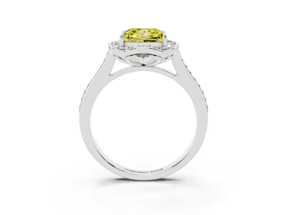 Fancy Yellow Princess Cut Halo Round Diamond Pave Band with Four-Prong Setting White gold