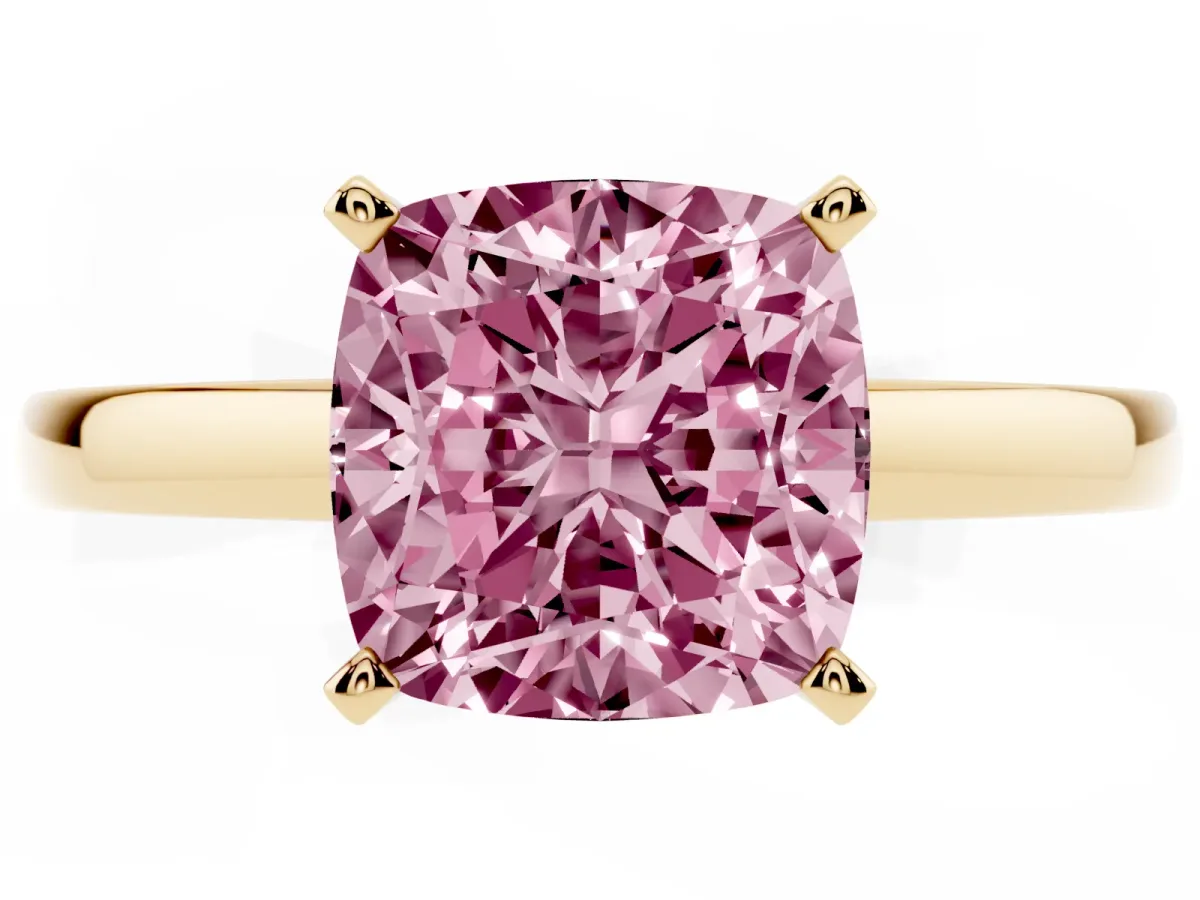 Fancy Pink Cushion Cut Solitaire Diamond Engagement Ring with Four-Prong Setting on a Classic Band Yellow gold