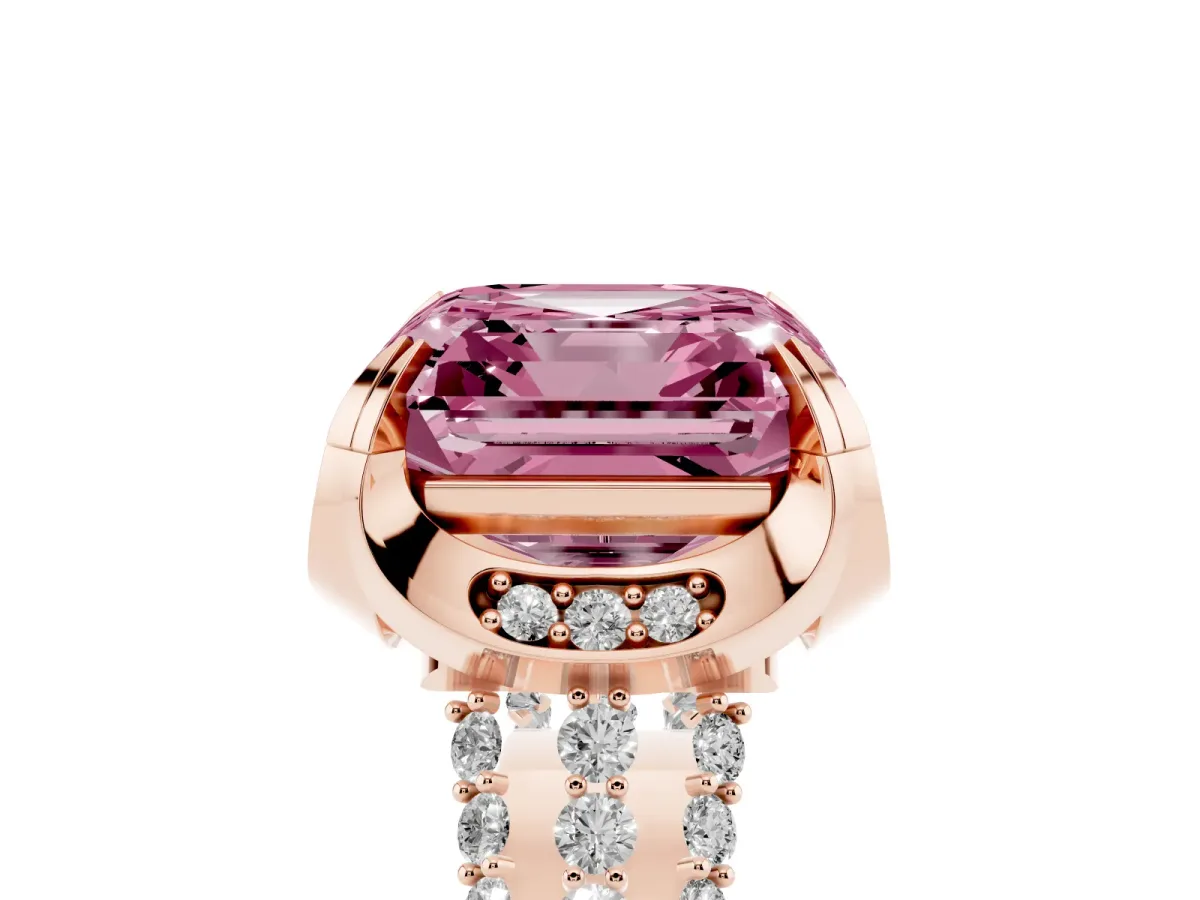 Fancy Pink Asscher Cut Solitaire Pave Split Shank Ring with Four-Prong Setting Rose gold