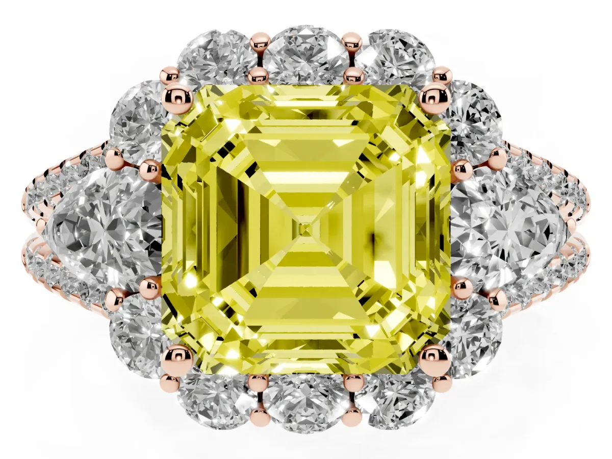 Fancy Yellow Asscher Cut Halo Split Shank Diamond Engagement Ring with Prong Setting Rose gold