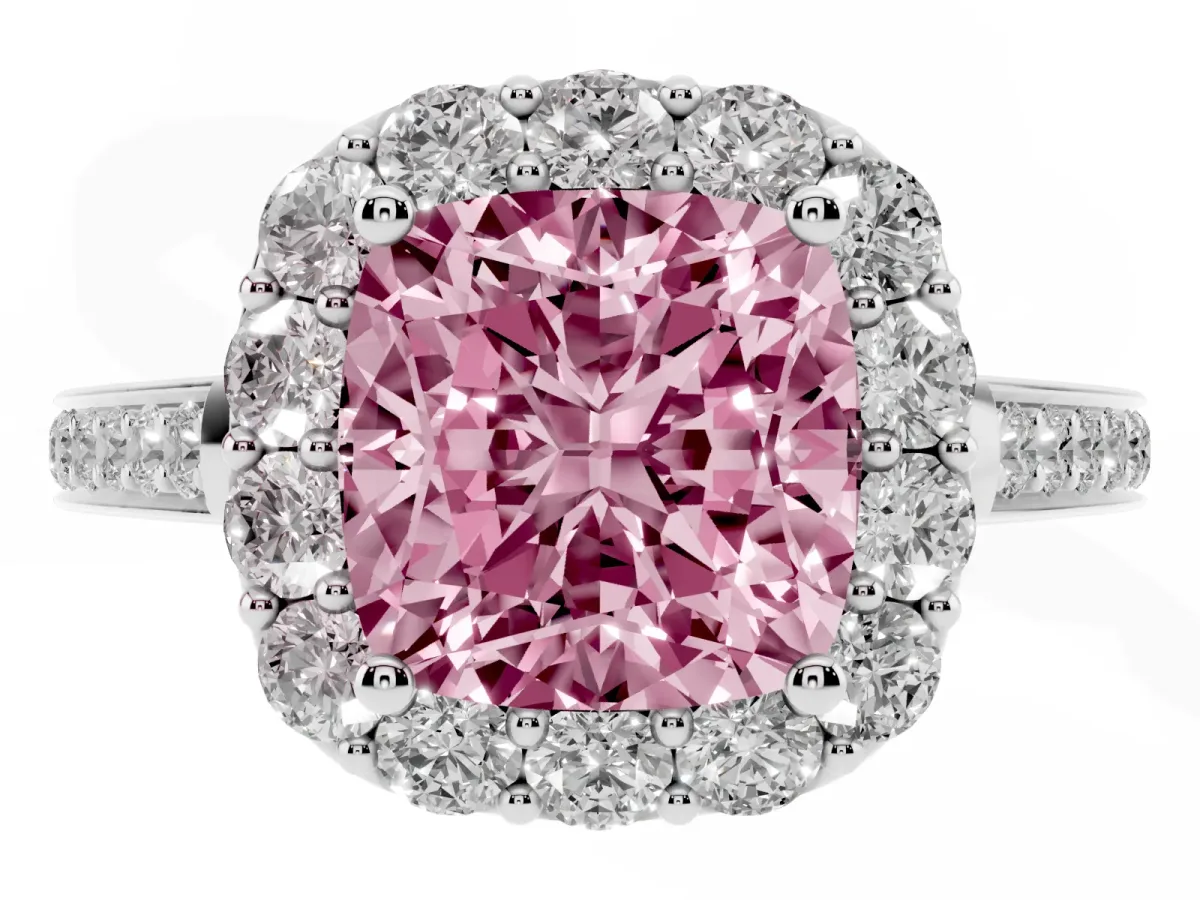 Fancy Pink Cushion Cut Diamond Floral Halo Ring with Pavé Band and Prong Setting White gold