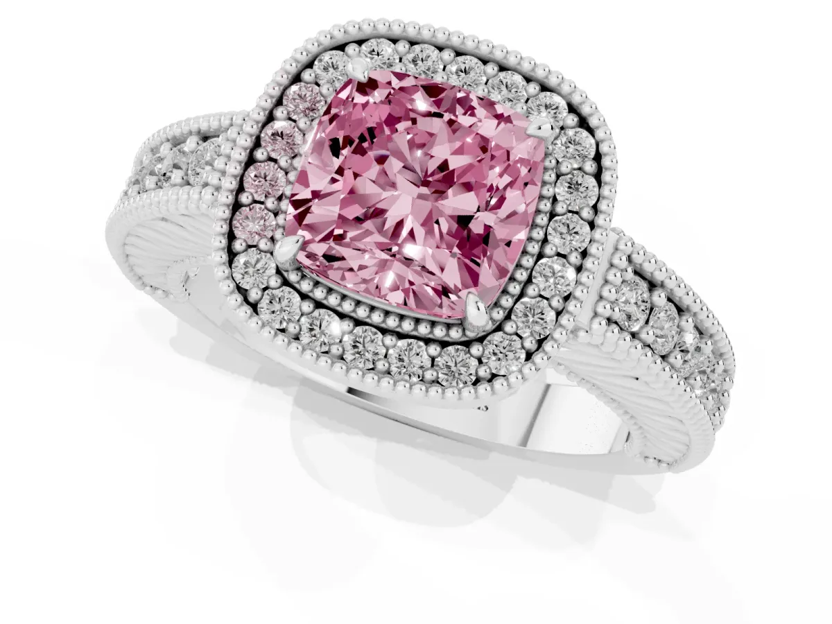 Fancy Pink Cushion Cut Cut Halo Diamond Ring with Pavé Band and Four-Prong Setting Platinum