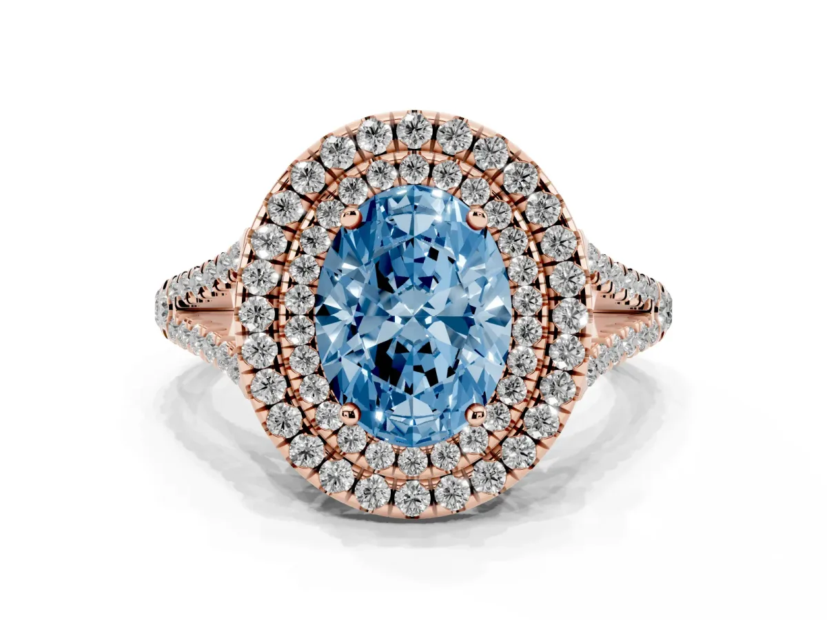 Fancy Blue Oval Cut Diamond Double Halo Ring with Pavé Band and Prong Setting Rose gold
