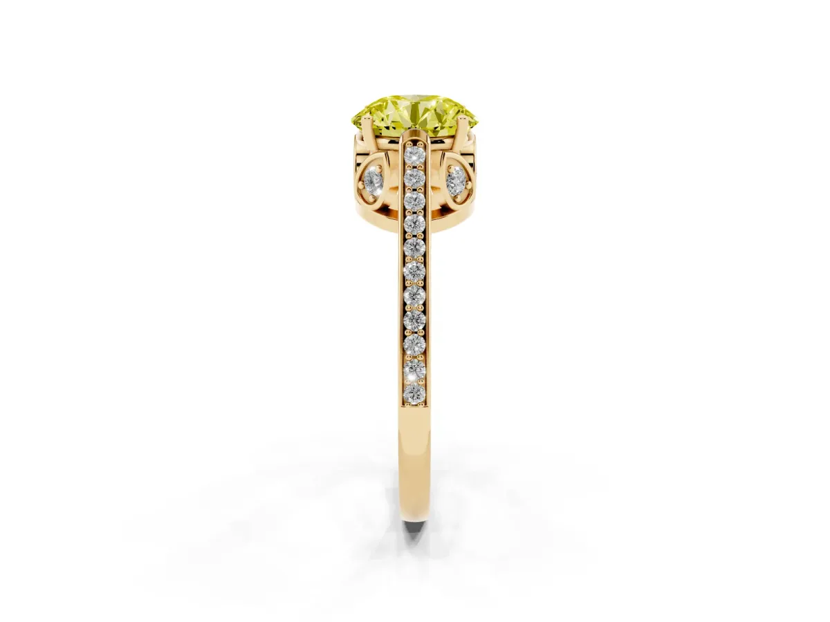 Fancy Yellow Round Cut Cut Cathedral Pave Diamond Engagement Ring with Six-Prong Setting Yellow gold