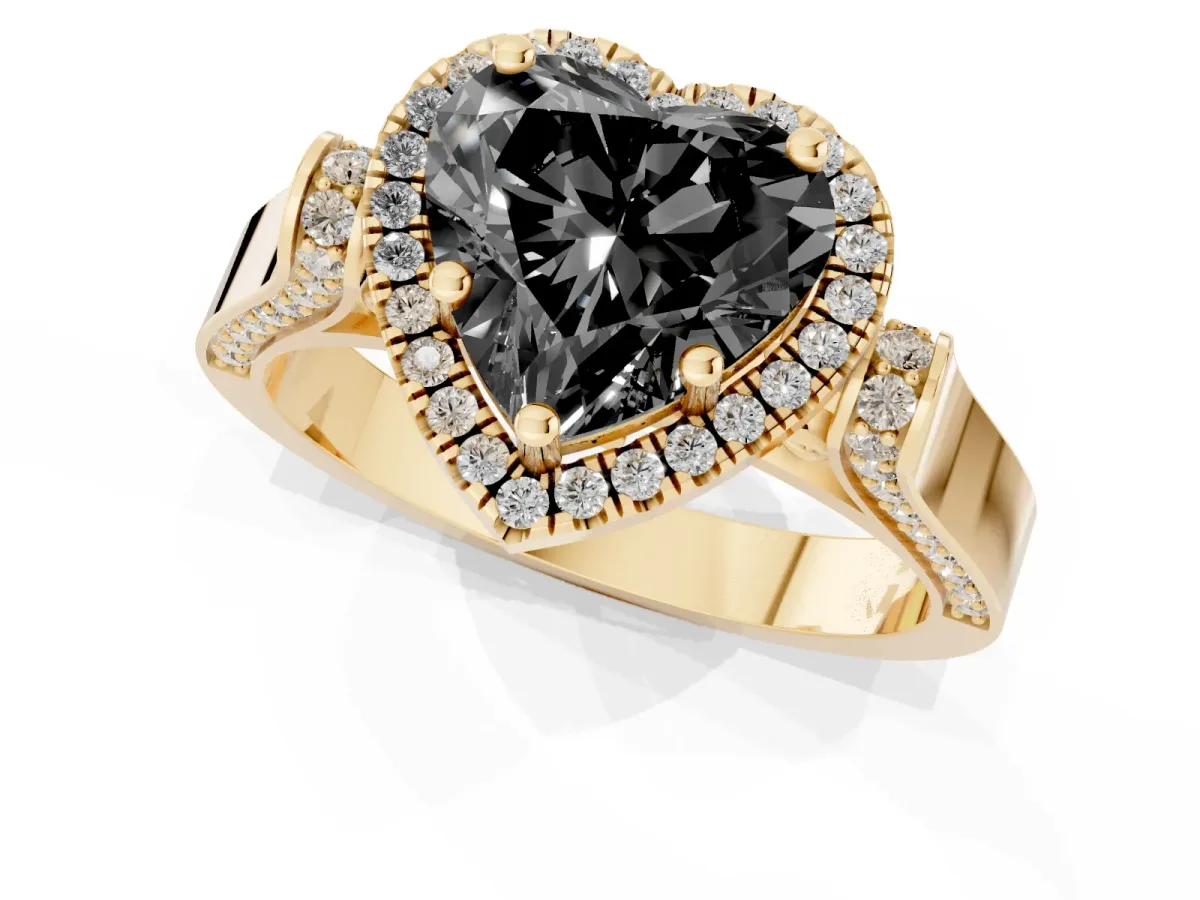Fancy Black Heart Cut Halo Round Diamond Twist Band with Four-Prong Setting Yellow gold