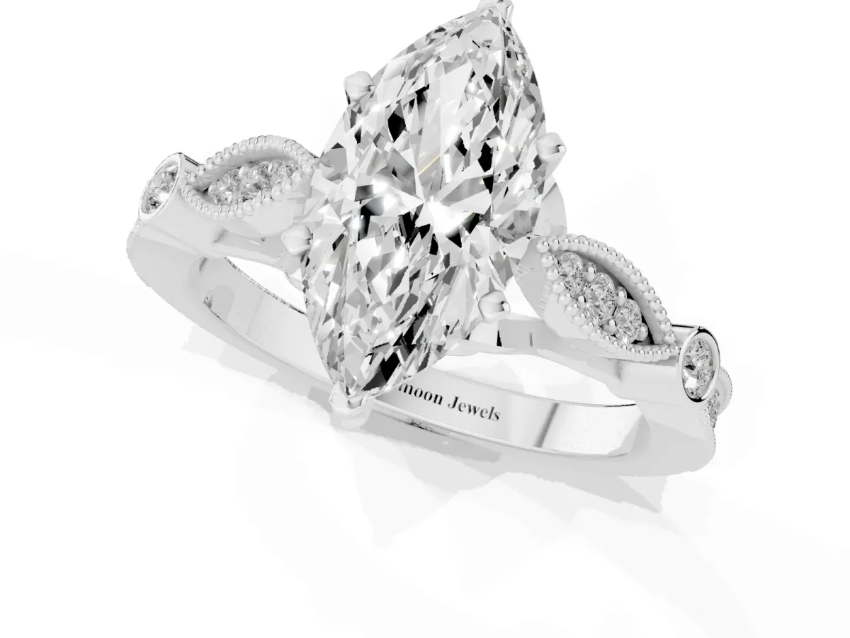 Marquise Cut Cut Diamond with Milgrain Marquise and Bezel Accents on a Solitaire Band with Prong Setting Silver