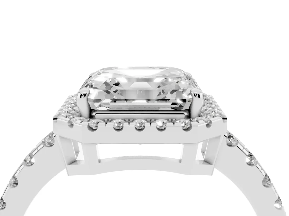 Asscher Cut Diamond Halo Ring with Pavé Band and Four-Prong Setting Silver