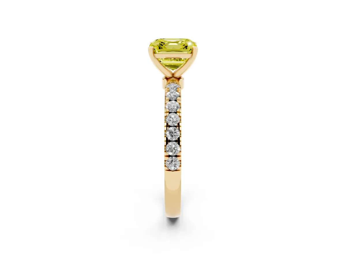 Fancy Yellow Asscher Cut Diamond Solitaire Ring with Pavé Accents and Four-Prong Setting Yellow gold