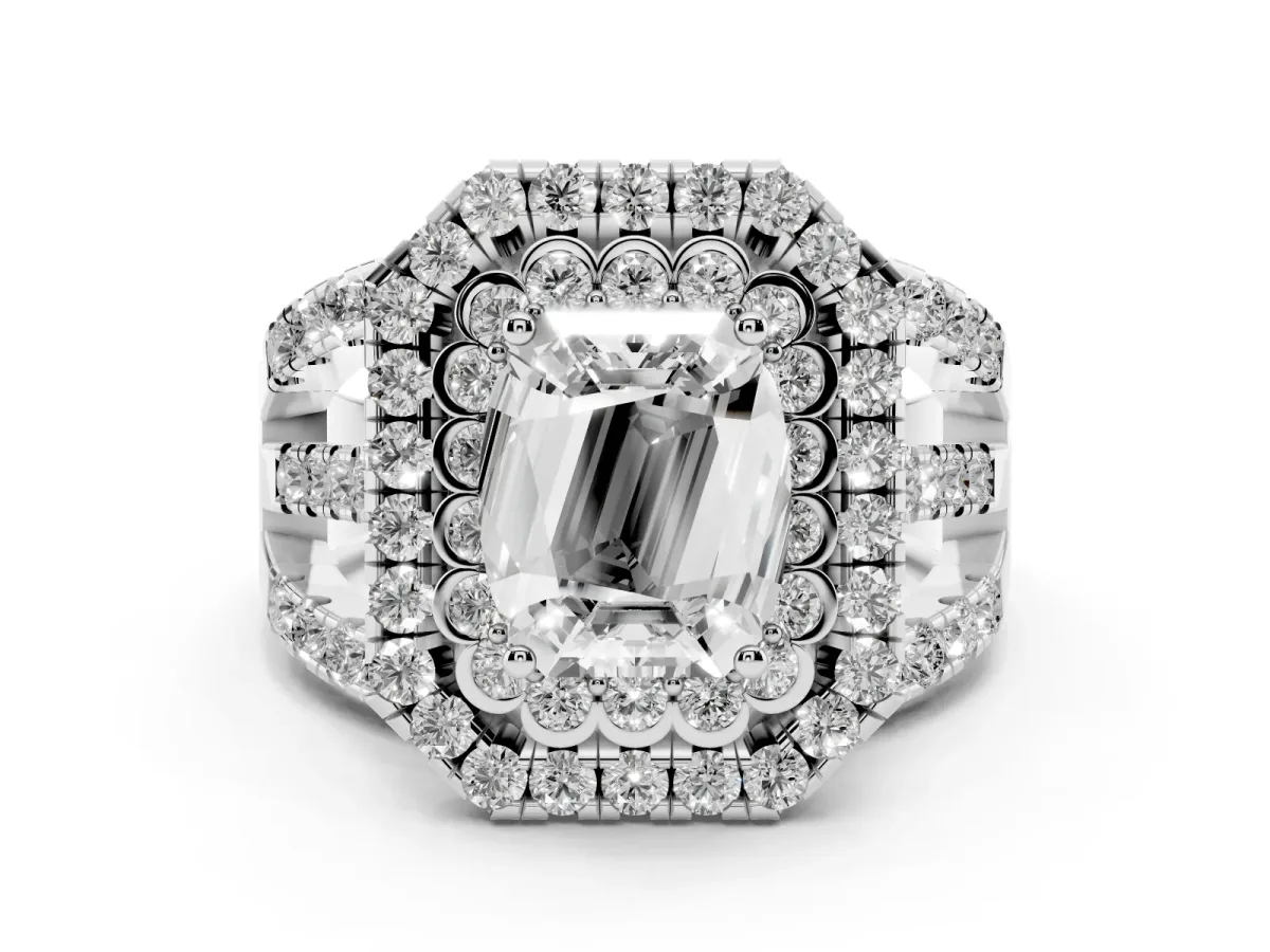 Emerald Cut Diamond Double Halo Ring with Round Pavé Split Shank and Prong Setting Platinum