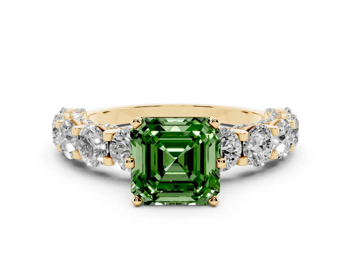 Fancy Green Asscher Cut Diamond Side Stone Engagement Ring with Four-Prong Setting Yellow gold
