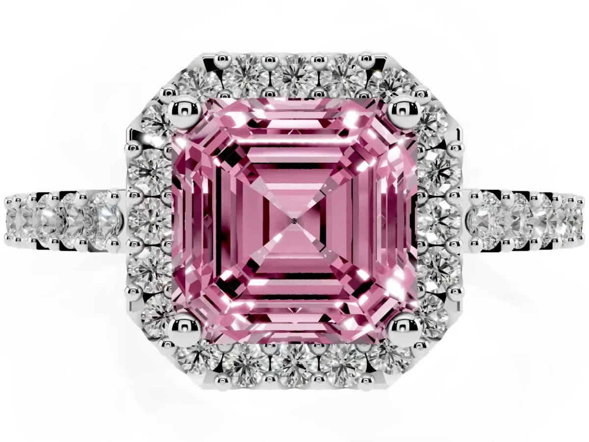 Fancy Pink Asscher Cut Halo Diamond Pavé Solitaire Ring Platinum