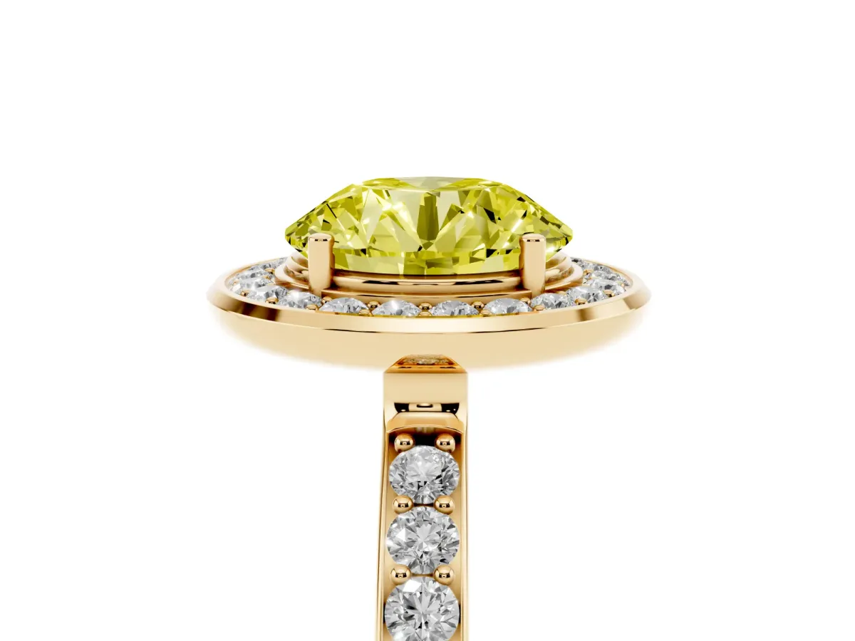 Fancy Yellow Round Cut Diamond Halo Ring with Bezel Frame and Pavé Band Yellow gold