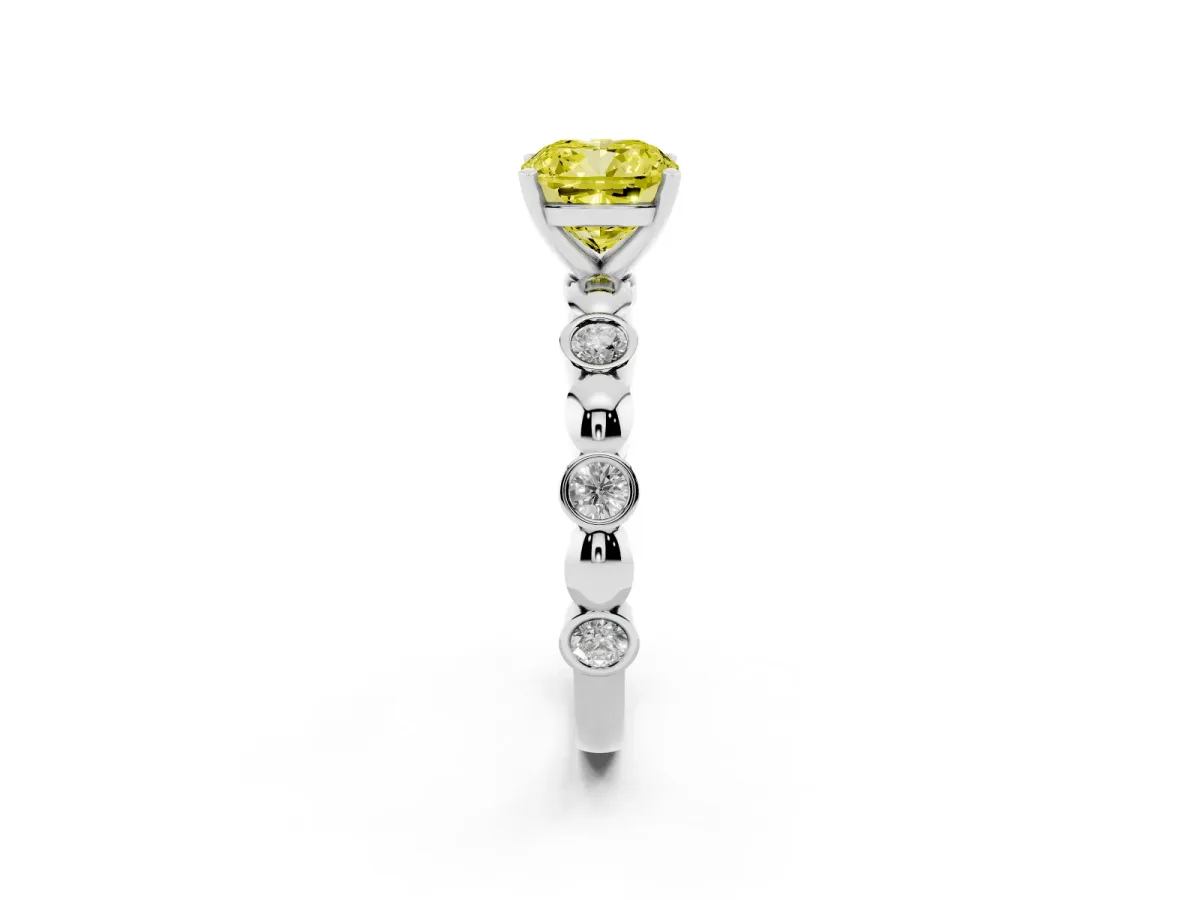 Fancy Yellow Cushion Cut Solitaire Bezel-Set Diamond Ring with Beaded Band and Four-Prong Setting Silver