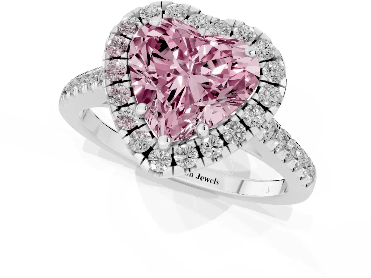 Fancy Pink Heart Cut Halo Pavé Diamond Engagement Ring with Four-Prong Setting Silver