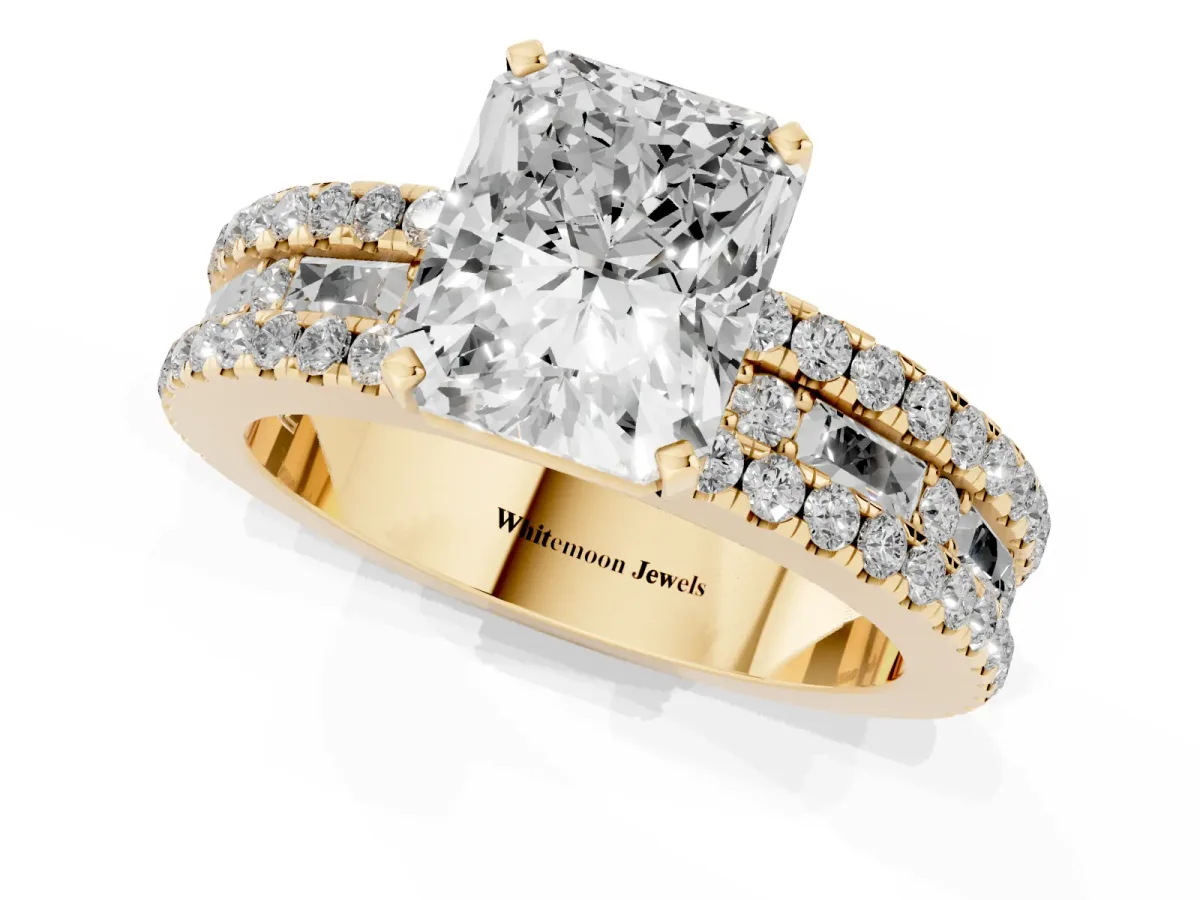Radiant Cut Diamond Solitaire Ring with Pavé and Channel Set Band Yellow gold